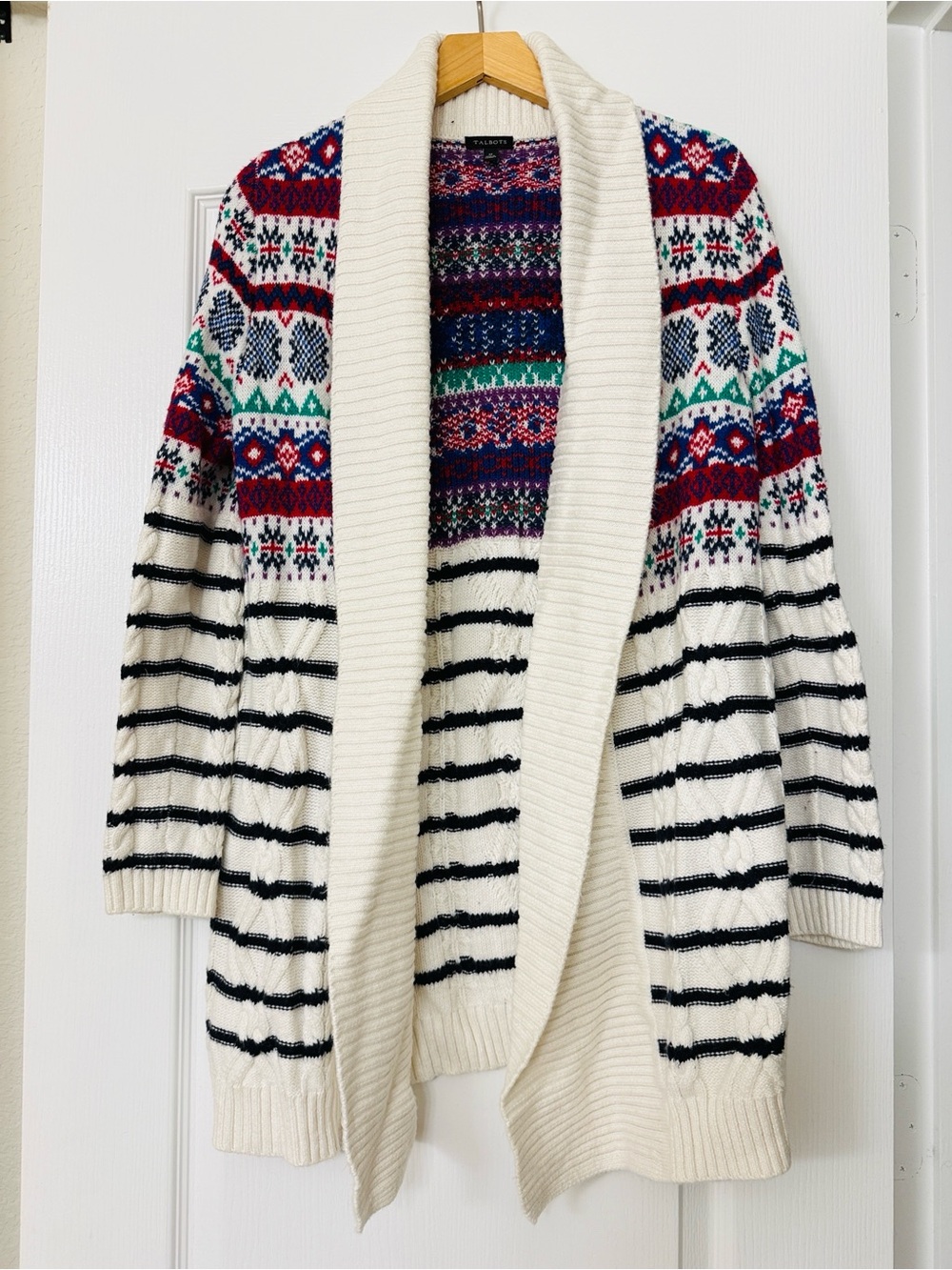 Talbots • Fair Isle Cable Knit Open Front Cardigan Sweater Ivory Multicolor M